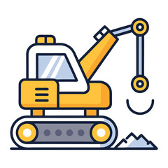 Excavator Icon – Flat Line Vector Illustration for Construction Equipment Graphics, Heavy Machinery Icons, Industrial Design, Building Projects, and Worksite Infographics