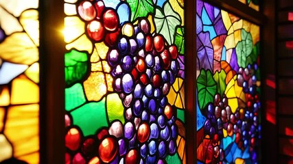 Stained glass art featuring clusters of grapes against a backdrop of rich colors. This stunning display highlights the beauty of light passing through glass - Powered by Adobe