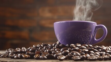 Purple Coffee Cup Aroma Steaming Hot Coffee Beans