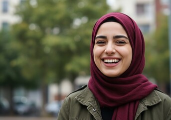 Joyful Young Woman in Burgundy Hijab Outdoors