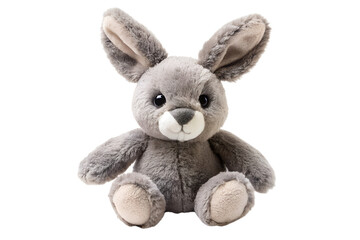 Photo of a cute, fluffy grey stuffed bunny rabbit sitting with its ears up, isolated on a transparent background