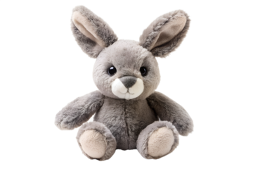 Photo of a cute, fluffy grey stuffed bunny rabbit sitting with its ears up, isolated on a transparent background
