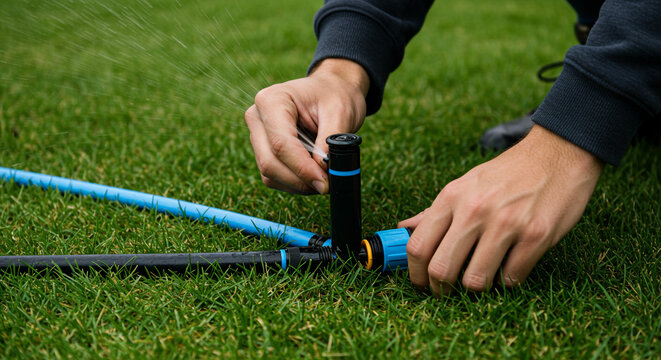 Person adjusting a lawn sprinkler system on green grass with blue and black tubing visible in the shot - Powered by Adobe