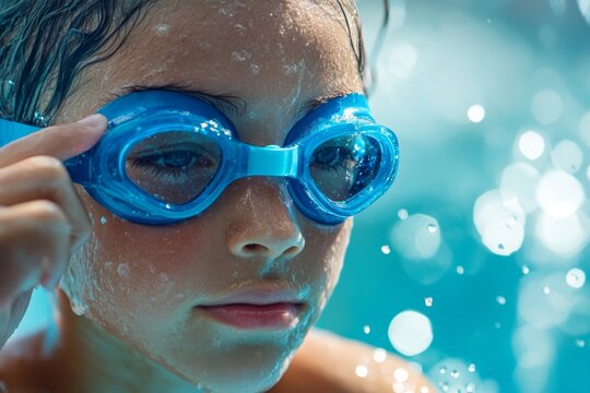 In a vibrant swimming pool, a young athlete focuses intently while adjusting their goggles, preparing to leap into the water for an exciting competition - Powered by Adobe