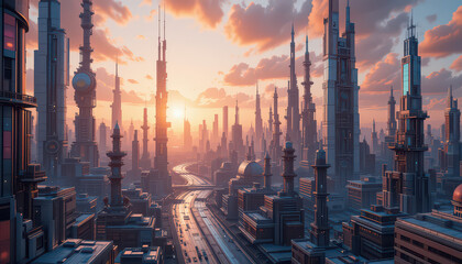 Naklejka premium Futuristic cityscape at sunset with tall buildings and highway views