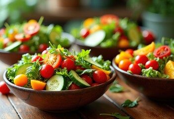 colorful vibrant salad bowls overflowing fresh seasonal produce bursting flavor nutrients, vegetable, ingredient, textures, tomato, cucumber, pepper