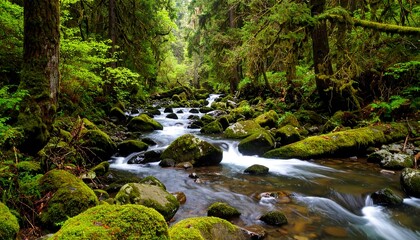 Lush forest stream flows over mossy rocks
