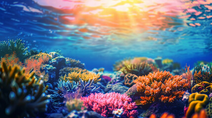 Naklejka premium Underwater scene showcasing a vibrant coral reef with sunlight filtering through the ocean surface above