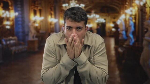 Man warms hands by rubbing them in hall as young hispanic guy at museum fights cold shiver.