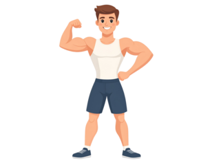 Male fitness trainer flexing, athletic cartoon vector, transparent background