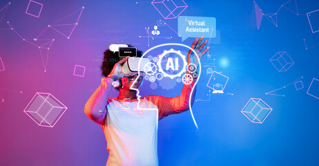 A young person engages with innovative virtual assistant technology in a vibrant digital setting,...