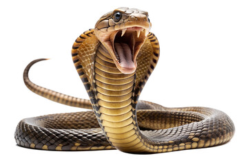 A menacing cobra with its hood flared and mouth open, ready to strike, isolated on transparent background