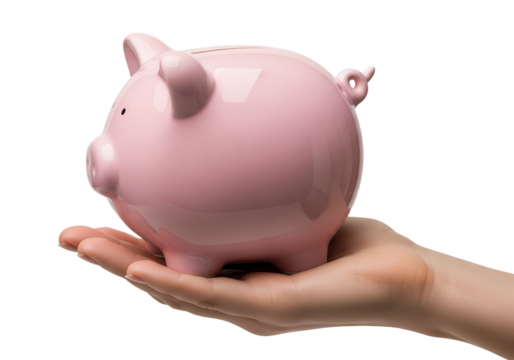 Hand holding pink ceramic piggy bank isolated on transparent background, savings concept