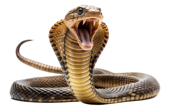 A menacing cobra with its hood flared and mouth open, ready to strike, isolated on transparent background