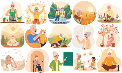 Fototapeta premium Senior Lifestyle in 15 Illustrations – Nature, Home, Connection. Elderly Activities and Emotions – Seniors in Daily Life Scenes. Life Moments of Elderly People. Elderly set