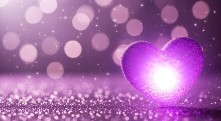 Sparkling purple heart glowing with bright light surrounded by bokeh and glitter