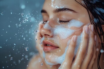 A young woman gently washes her face with clean water, her eyes closed in relaxation. Droplets of water splash around her, capturing a refreshing moment in a calm indoor setting