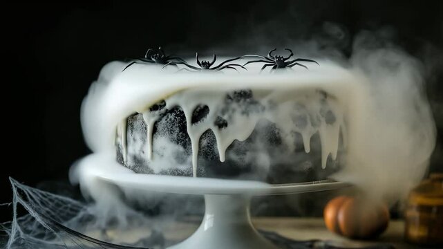 A spooky Halloween cake sits on a white pedestal, dripping with icing and surrounded by fog. Spiders adorn the top, creating a chilling atmosphere perfect for fall