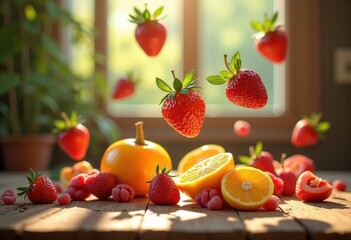 Naklejka premium vibrant colorful fruit levitation magical display wooden table background captivating freshness whimsy, basket, collection, decoration, texture, composition