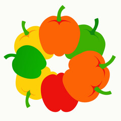 Colorful bell peppers arranged in a circular pattern on a white background
