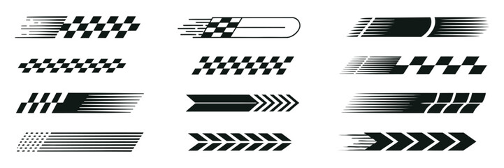 Racing car stripes set with angled checkered patterns, dynamic speed lines, and motorsport decals for vehicle tuning and race design.
