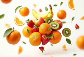 Obraz premium vibrant fruit assortment floating over white background colorful arrangement fresh produce healthy eating, apple, grape, banana, peach, cherry, plum, pear