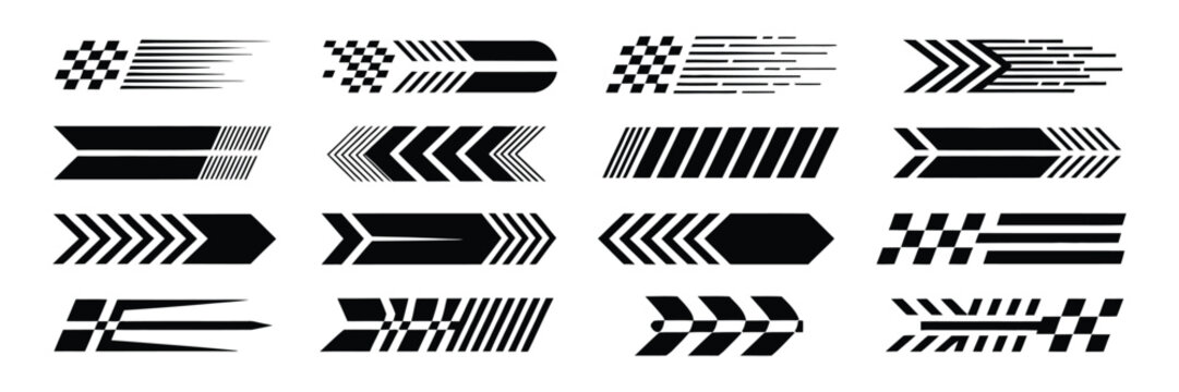 Racing car stripes set with angled checkered patterns, dynamic speed lines, and motorsport decals for vehicle tuning and race design.
