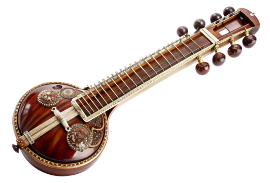 Photo of a traditional indian sitar, a plucked string instrument, is showcased against a clean transparent background