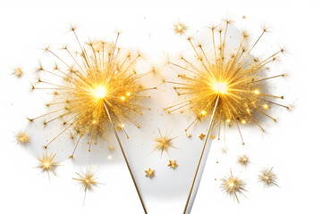 Photo of two bright golden sparklers ignite and sparkle against a pristine transparent background, creating a festive atmosphere