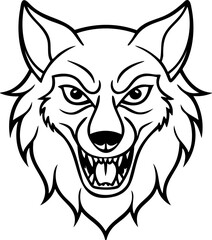 Fototapeta premium Wolf head fierce angry face with sharp teeth and pointed ears in line art style