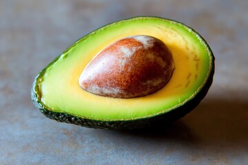 Brightly colored fresh avocado half showcases its creamy green interior and smooth texture with a prominent seed at the center, ideal for salads or spreads, captured in high resolution