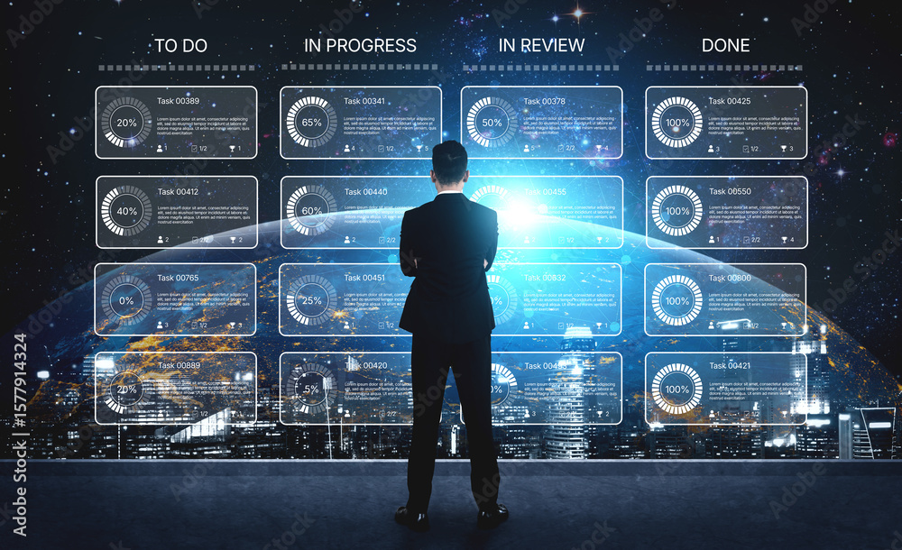 Poster task management tool dashboard showing kanban-style workflow with columns for to do, in progress, in