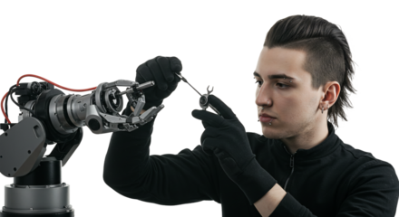 A man with a mohawk working with a robotic arm and a small metal object in a dark setting studio