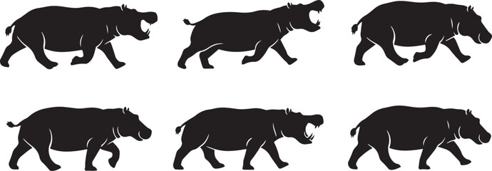 Fototapeta premium Webrunning hippo silhouette vector, black and white hippo in motion, minimalistic hippo running illustration, hippopotamus sprint side view silhouette, wild hippo in action vector, cartoon hippo 
