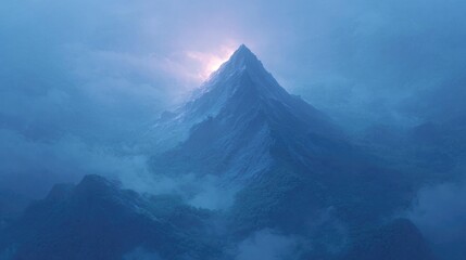 Fototapeta premium drone-top-down of lightning hitting pyramid-shaped mountain peak at twilight