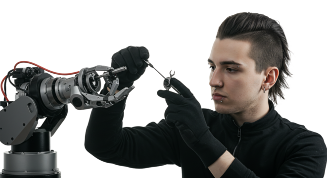 A man with a mohawk working with a robotic arm and a small metal object in a dark setting studio