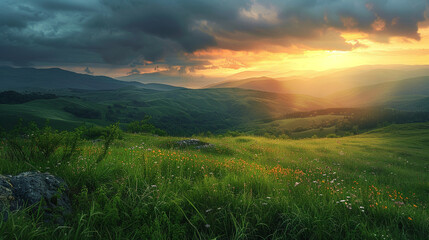 Scenic landscape featuring rolling hills under a dramatic sky with sun rays breaking through clouds at sunset