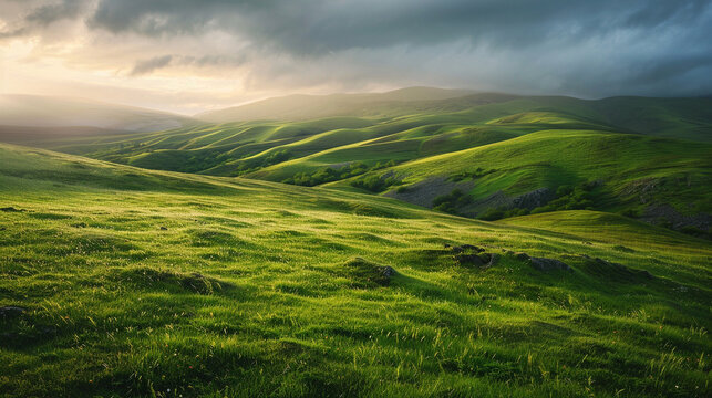 Rolling green hills bathed in sunlight under a dramatic sky with clouds in a peaceful landscape