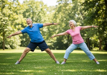 Joyful senior couple stretching outdoors in a sunlit park, embracing healthy lifestyle