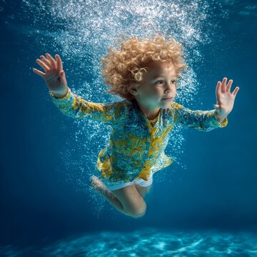 playful child girl pretending to swim in air active hands full motion pose