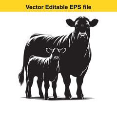 Cow and Calf &ndash; Standing Black and White Illustration in Minimalist Style