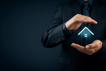 Businessman Protecting a Glowing House Icon — Concept of Home Insurance, Property Security, Real Estate Investment, and Financial Safety in Housing Market