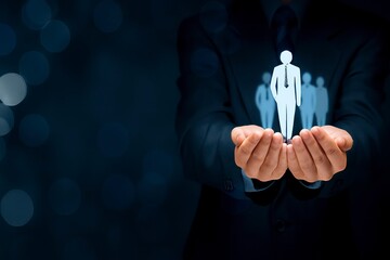 Human Resource Management Concept with Businessman Holding Employee Icon in Hands Representing Recruitment, Leadership, and Team Building Strategy