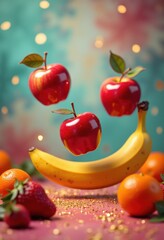 vibrant fruits levitation artistic textured backdrop freshness creativity, apple, banana, grape, berry, kiwi, mango, juice, nature, organic, refreshing