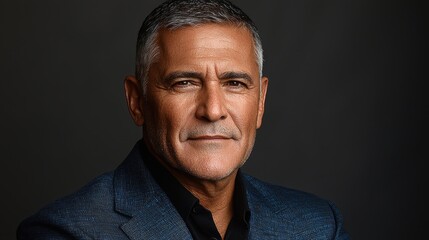Obraz premium A confident, smiling Latinx Hispanic mature man, his arms crossed over his chest, exudes professionalism on a sleek gray backdrop, projecting an air of authority and success 