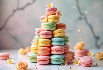 vibrant colorful macaron tower captivating gourmet dessert artistry delightful pastry display, food, sweet, cream, almond, sugar, whip, fruity, assortment