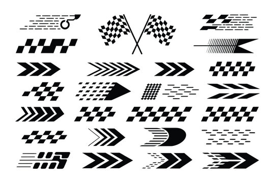 Racing stripes and finish line icon set with checkered flags