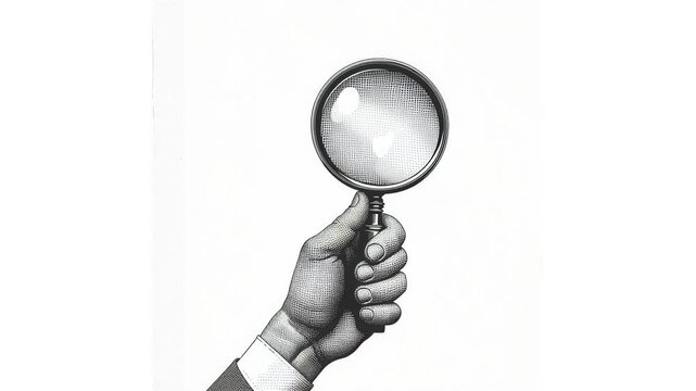 A businessman hand holding a magnifying glass retro halftone grunge style, animation on isolated white background