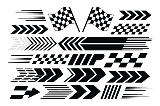 Racing car stripes set with checkered flag, finish line, dynamic lines, and motocross labels for motorsport and automotive competition designs