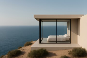 Minimalist villa with glass-walled bedroom on cliff edge, bed facing the endless sea horizon